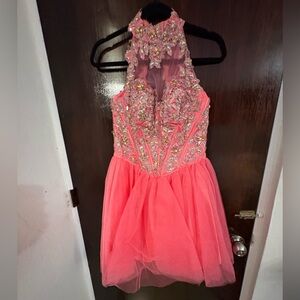 Bundle 3 for $25. Halter Illusion Neck Beaded Pink Prom Dress. Size Small.